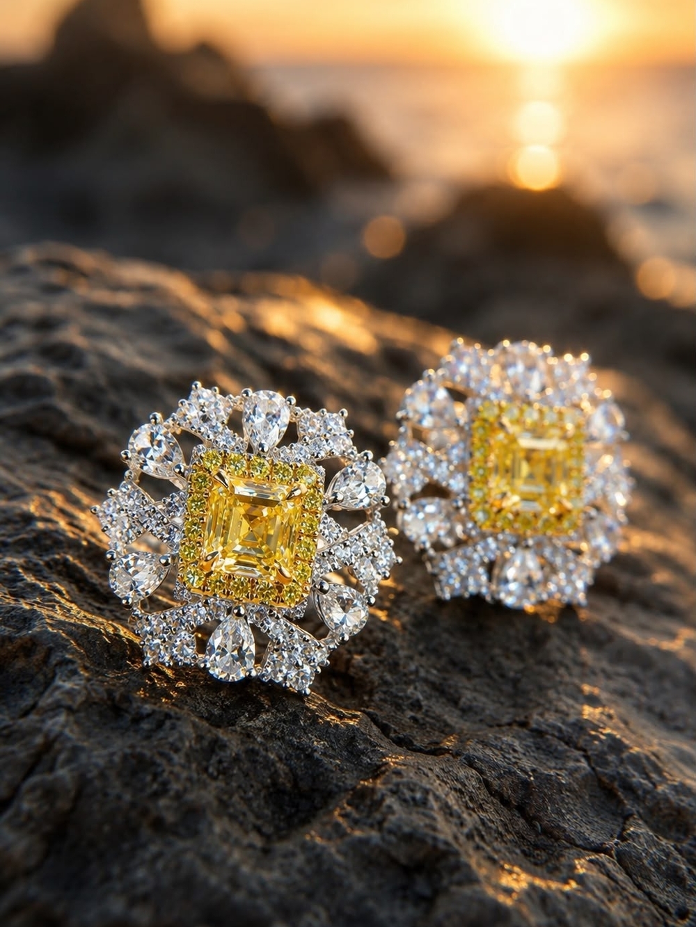 Yellow Halo Cluster Earrings with Clear Crystals